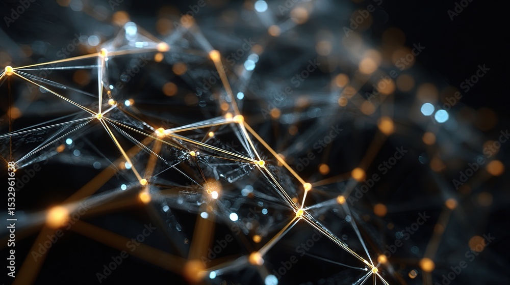 Poster close up 3d rendering of holographic network node on dark background