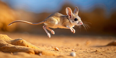 A small desert mouse is captured mid-leap over a sandy surface, showcasing its agility and vibrant fur. The scene highlights the unique features of its environment