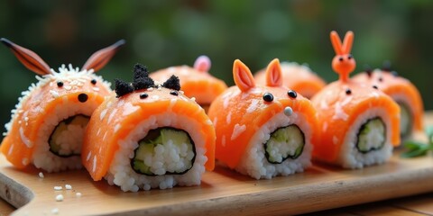 Adorable sushi rolls decorated as cute animals, featuring vibrant colors and playful designs, ideal for food lovers and japanese cuisine enthusiasts.