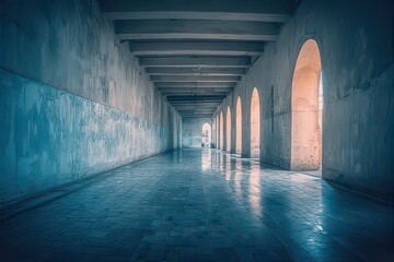 An arched corridor receding into the distance, the walls reflecting the ambient light on the tiled floor, creating an intriguing perspective view .