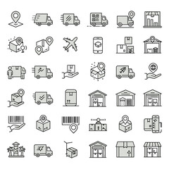 A set of minimalist black line icons related to delivery and logistics