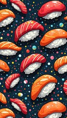A vibrant, playful pattern featuring colorful sushi rolls against a cosmic backdrop, perfect for food-themed designs and creative projects.