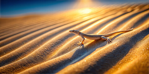 A lizard moves through the rippled sand of a desert as the sun sets, casting warm hues across the landscape. The serene moment highlights the natural beauty of the environment