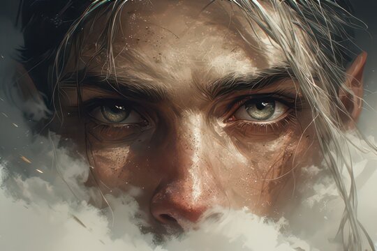 Dramatic close-up of an ethereal elf face with piercing eyes, surrounded by a mystical cloud-like aura, showcasing fantastical beauty and detail .
