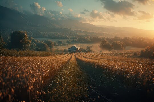 Golden hour bathes a rural landscape with a field of sunflowers leading to a charming farmhouse nestled beneath majestic mountains and serene clouds, creating a picturesque scene