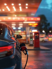 Car refueling at a gas station with a fuel pump filling the tank. Blurred gas station background at dusk with convenience store.