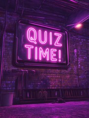 Neon Quiz Time Stage with Question Marks.A vibrant, digitally rendered stage scene announces 