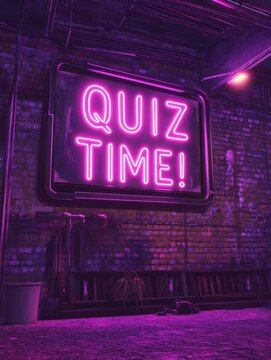 Neon Quiz Time Stage with Question Marks.A vibrant, digitally rendered stage scene announces "QUIZ TIME!" in bright pink neon lettering.
