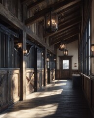 Sunlit Rustic Wooden Stable Interior Hallway with Lanterns