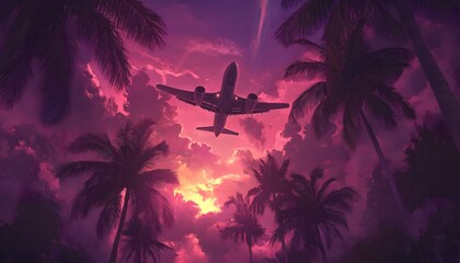 Airplane soaring above tropical palm trees at sunset.