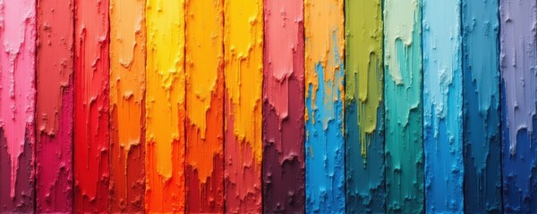 Vibrant multicolored paint drips create a striking abstract background, showcasing a spectrum of colors blending together beautifully.