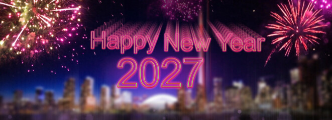 A fireworks skyline with "Happy New Year 2027"
