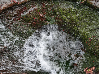 High angle of lake waters flowing down by moss covered surface