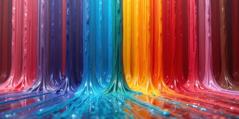Vibrant streams of colorful paint flow together, creating a dynamic and lively composition that showcases a spectrum of hues in a visually striking manner.