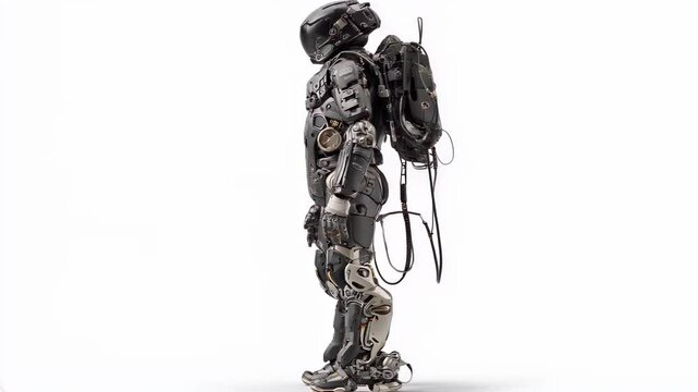 Futuristic military exoskeleton worn by human figure, with enhanced strength and mobility, isolated on white background. Exoskeleton represents advanced technology and human-machine integration