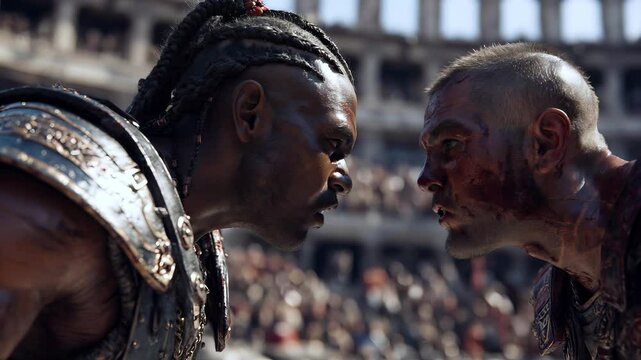Fearless gladiator battles his opponent in ancient arena, surrounded by dust and roar of crowd. Strength of gladiator reflects courage, honor, and raw power in this epic fight