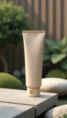 Elegant beige cosmetic tube placed on a stone surface, surrounded by greenery, showcasing beauty and skincare products in a serene setting.