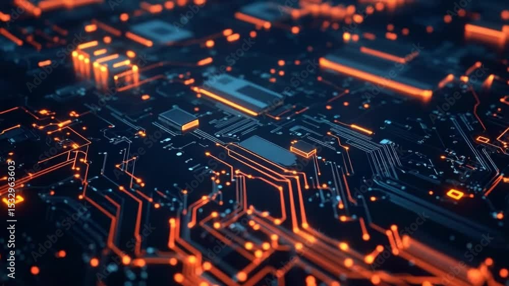 Poster animated circuit board glowing with data flow, representing technology and connectivity