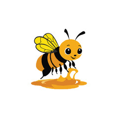 Happy yellow cartoon bee flying with honey to a flower illustration