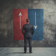 Puzzled businessman. Right choice , failure or success. Difficult decision and concept of doubt