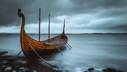Wooden vessel resting on the shore of a tranquil body of water.