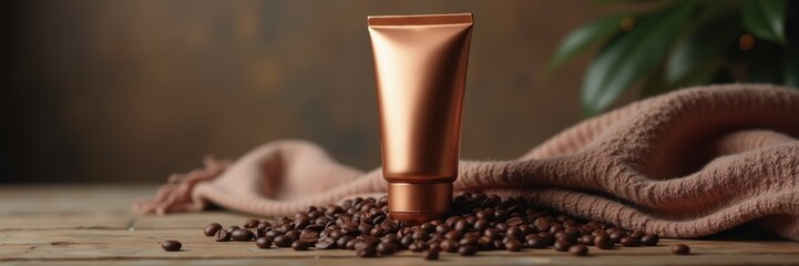 Elegant cosmetics packaging with a copper tube on a rustic wooden surface, surrounded by coffee beans and draped fabric, creating a warm, inviting aesthetic.