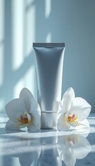 Elegant skincare tube surrounded by delicate white orchids, showcasing a serene and sophisticated beauty aesthetic.