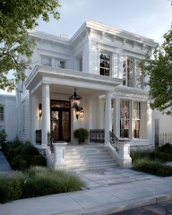 White Two Story Colonial House with Columns and Landscaping