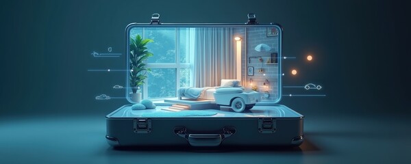 A creative illustration of a suitcase containing a miniature room scene, blending travel and interior design concepts in a modern, vibrant setting.