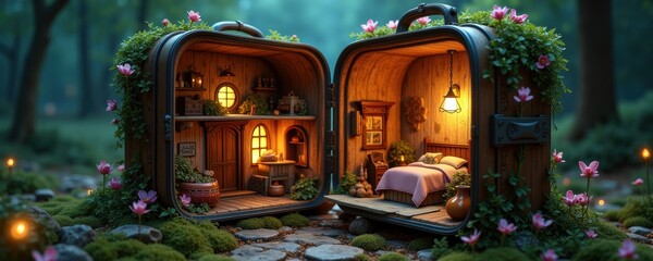 A whimsical miniature house inside a suitcase, nestled in a lush forest. delicate flowers and warm glowing lights create a magical, inviting atmosphere.