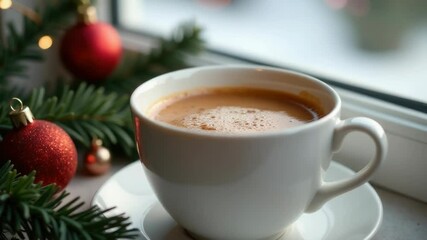 A cup of coffee sitting next to a Christmas tree, perfect for a cozy holiday moment.