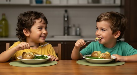 Happy Boys Enjoying Healthy Vegetable Meal Smiling Children Eating Baked Potatoes and Green Beans
