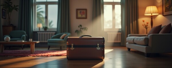 A stylish brown suitcase rests on a wooden floor, illuminated by sunlight in a cozy living room setting, evoking a sense of travel and adventure.