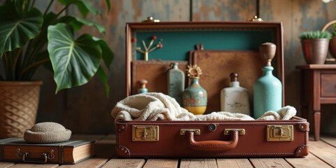 A vintage suitcase filled with eclectic decor items, including pottery and textiles, showcasing a cozy, artistic atmosphere ideal for unique home styling.