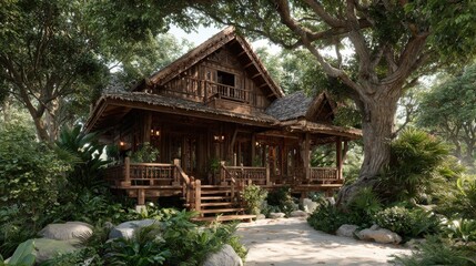 Wooden Tropical House nestled among Lush Greenery