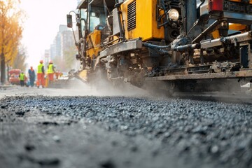 Road paving machinery in urban construction site with workers in autumn