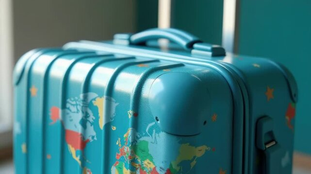 A blue suitcase with a world map printed on it.