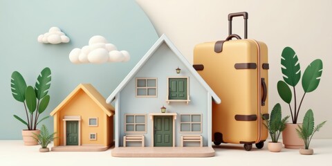 Charming travel-themed scene featuring a modern house, cottage, suitcase, and vibrant greenery, perfect for illustrating home, adventure, and exploration concepts.