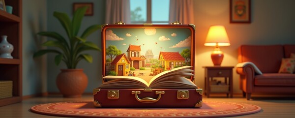 An imaginative scene featuring an open suitcase with a vibrant, illustrated book inside, depicting a serene countryside landscape, elegantly set in a cozy living room.