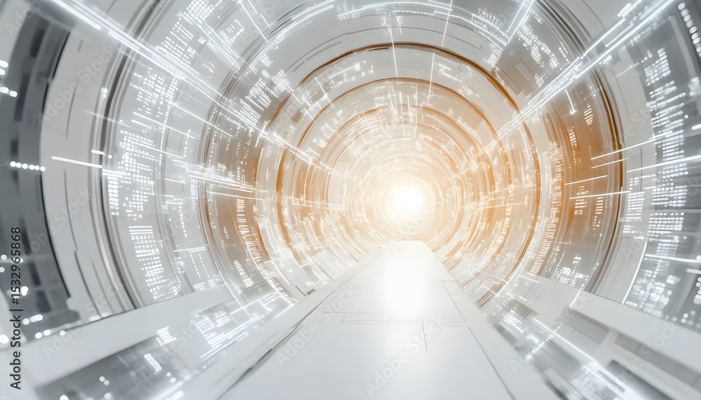 Poster futuristic tunnel with glowing data streams.