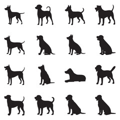 Sixteen Dog Silhouettes Standing Sitting Lying Down Canine Breed Vector Illustration Pet Animal Graphic Design