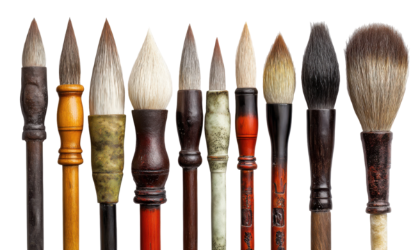 Close-up of various calligraphy brushes