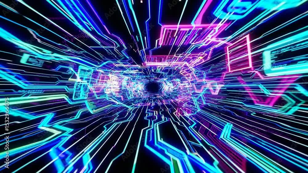 Poster dynamic motion of digital neon grid lights in perspective tunnel - sci-fi tech background for innova
