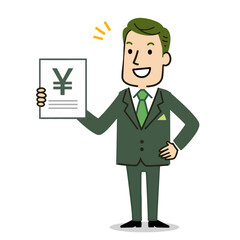 A greenskinned man in a suit points upwards while holding a clipboard with checked items