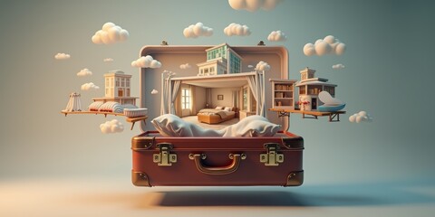 A whimsical travel-themed illustration featuring a suitcase, with miniature houses and clouds emerging from it, symbolizing adventure and exploration.