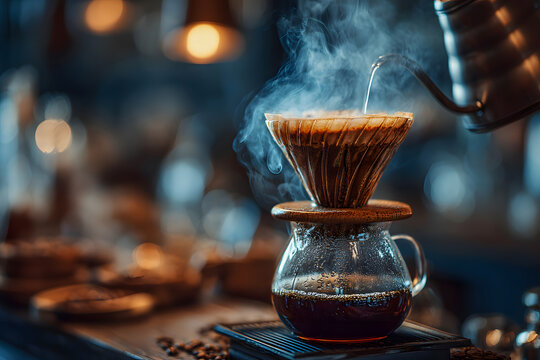 Aromatic Coffee Brewing Process Steaming Pour Over Filter - Powered by Adobe