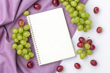 Beautifully arranged red and green grapes surrounding a soft purple cloth on a white notebook - a captivating still life composition for culinary inspiration.