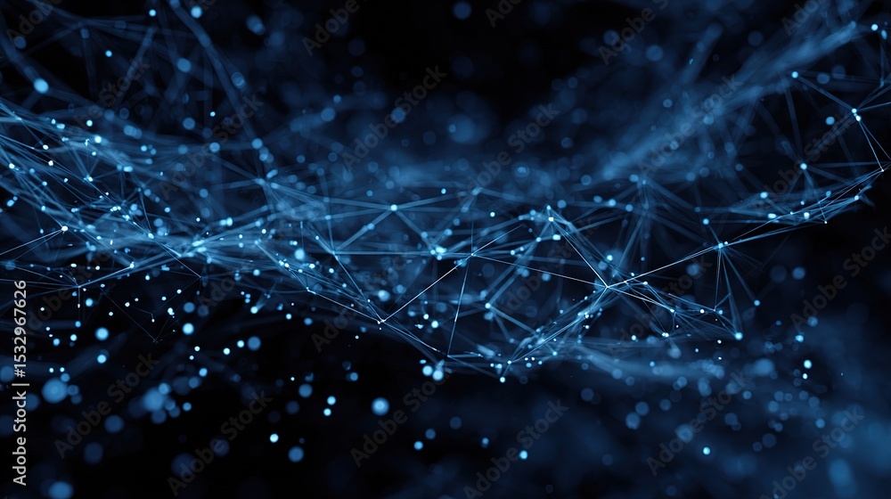 Poster digital blue interface with nodes and trails in abstract space