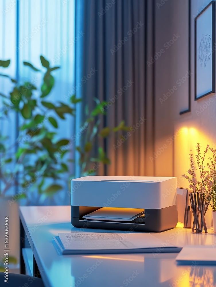 Poster modern compact thermal printer with soft ambient lighting in a creative office setup and branding sp