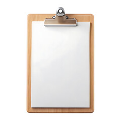 Blank wooden clipboard with paper isolated on a white background